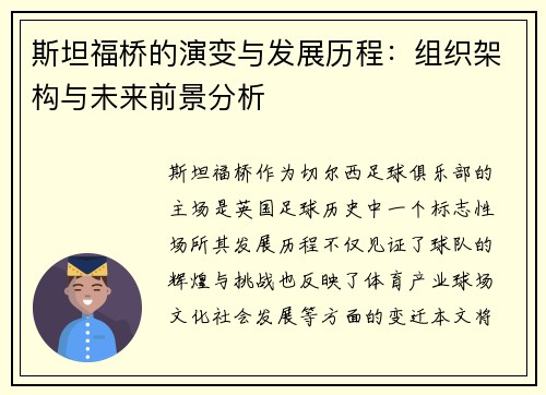 斯坦福桥的演变与发展历程：组织架构与未来前景分析