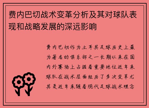 费内巴切战术变革分析及其对球队表现和战略发展的深远影响