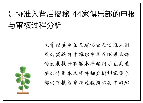 足协准入背后揭秘 44家俱乐部的申报与审核过程分析